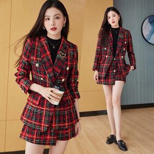 Dames Herfst Blazer En Rok Chic Plaid Korte Sets Zoete Stijl Jasje Voor Dating Feestkleding Koreaanse Outfits 240202