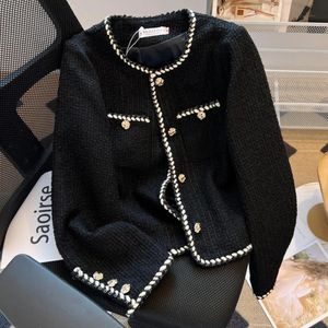 Dames herfst klassieke kleine geur zwart tweed jasje dames OL blazer wollen bijgesneden jassen elegante korte bovenkleding 240321