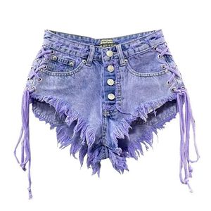 Dames herfst paarse modieuze sexy lage rise single breasted a-line denim shorts met riembroek 240509