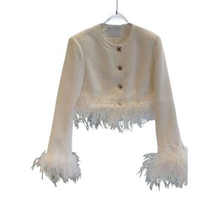 Dames herfst witte kleur lange mouw struisvogel bont patchwork hoge taille korte jas jas smlxl