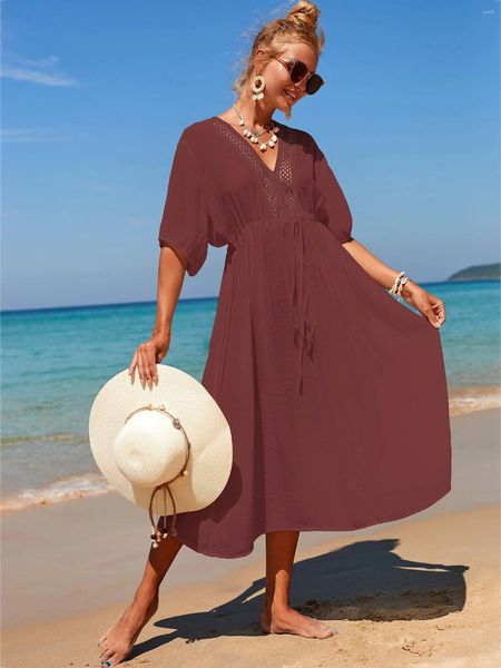 Coupure de bain pour femmes Cover up Va couche de cou de couches en kaftan marron pour femmes à manches courtes Long plage ups