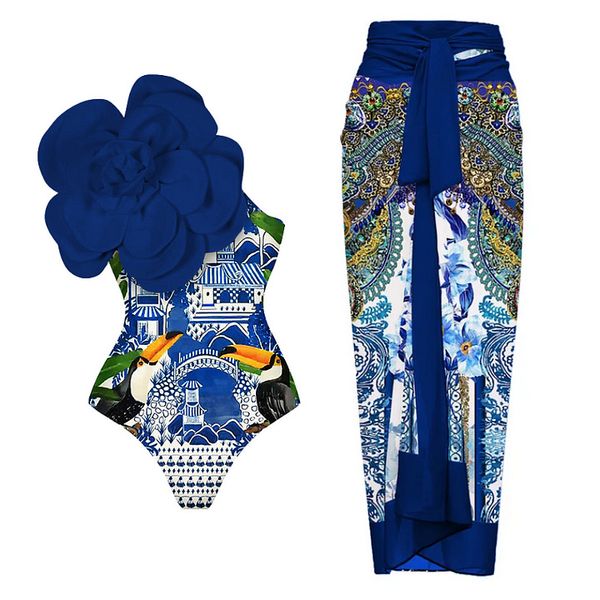 Trajes de baño para mujer Traje de baño de bikini de diseñador 2024 Conjunto de traje de baño floral con estampado de volantes en un solo hombro azul Conjunto de traje de baño de una pieza Micro Monokini Traje de baño sexy para niñas