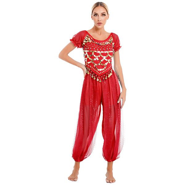 Monedas de disfraces de danza del vientre de las mujeres Top y pantalones de linterna para Halloween Bollywood India Arabian Halloween Cosplay Etapié