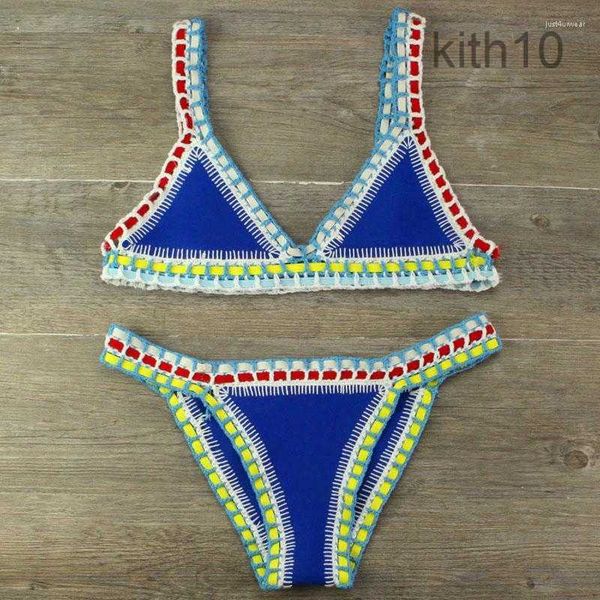 Bikini de punto a mano para mujer, traje de baño de retales, traje de baño para mujer, traje de baño para vacaciones en la playa, Top con cuello Halter, trajes de baño H2JU