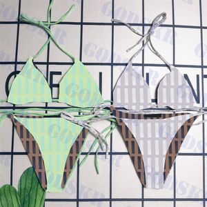 Conjunto de bikini para mujer Traje de baño con estampado de letras completas Traje de baño verde brillante Traje de baño con tirantes para mujer