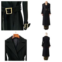 Mujeres de lana negra para mujeres chaqueta de diseño para mujeres cuello de manga larga cinturón de manga larga lana fajas de color sólido Funciones de carrera delgada