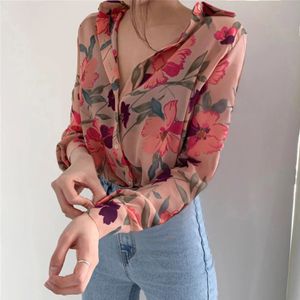 Blouse Blouse Dressy Blouses Puff Bouton Femmes Top Vneck Sleeve imprimée Fashion Long Mariffon Ladies Shirts Blusa Feminina 240412