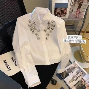 Womens Blouses Blusas Mujer de Moda 2024 Kantoor Lady Blouse Werkstijl Sweet Y2K Chemise Femme Sleeve White Shirt Women Strass Rijntone tops