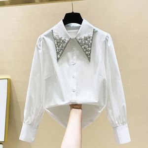 Blusas para Mujer de alta calidad Vintage perlas diamantes Collar camisas blancas mujeres Tops Mujer 2023 OL elegante blusa de manga larga Camisas