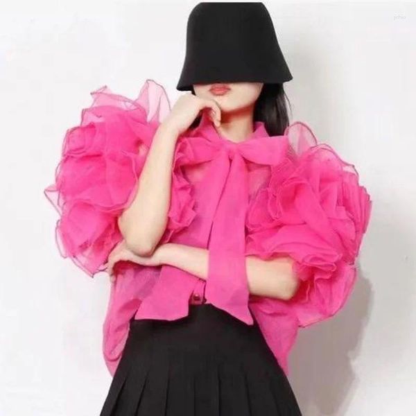 Blusas para mujeres Perspective Mujeres encaje 3D Bowtie Ruffles Malas de malla Cardigan Cardigan Cardigan Tops Blusas Mujer