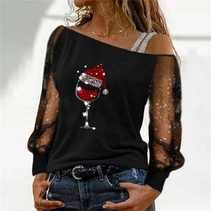 Femmes Blouses Sexy Dentelle Manches Longues Col Oblique Hors Épaule Patchwork Tee Tops Casual Imprimer Blouses Vêtements De Noël 220407