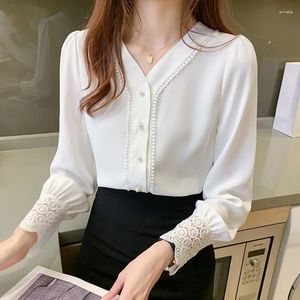 Chemisiers Femme Chemise Femme Manches Longues Tempérament Petit Col V Dentelle Grande Taille Haut En Mousseline De Soie All-match Slim Blouse Victorienne Blanc