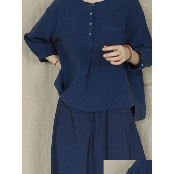 Blouses Femmes Chemises 117-131Cm Buste / Printemps Femmes Tout-Match Basique Lâche Bleu Confortable Tissu Naturel Chemises en Lin Lavées à l'eau / Bl Ot7Qp