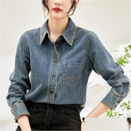 Blouses pour femmes Chemises 2024 Printemps Casual pour les femmes Denim Col rabattu Blouse à manches longues Tops amples Chemise en coton Drop Delivery App Otyxc