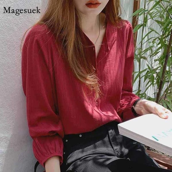 Femmes Blouses Chemises Allmatch Solid Casual Cardigan Blouse Automne Coton Slim Chemise À Manches Longues Femmes Vin Rouge Couleur Bottoming Blusas 11682 230726