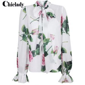 Blusas femininas camisas CHICLADY elegante flor rosa estampada solta manga longa gravata borboleta gola blusa feminina casual camisa de chiffon de alta qualidade ropa 230726