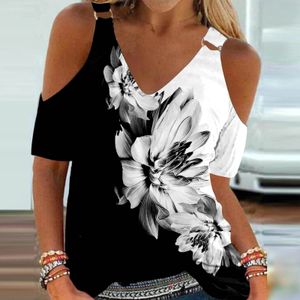 Blusas para mujer Camisas Elegante Blusa con hombros descubiertos Mujer Verano Estampado floral Camiseta Casual Cuello en V Top Blusas de manga corta Mujer 230519