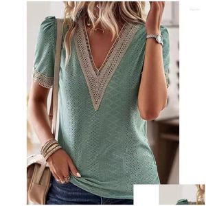 Blusas para mujer Camisas Elegante Oficina Damas Patchwork Encaje 2023 Primavera Profundo Cuello en V Bordado Hollow Top Verano Puff Manga corta Wome Dhyc2