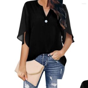 Chemisiers pour femmes Chemises Femmes élégantes Blouse T-shirt décontracté 2023 Été Simple Solide Manches courtes Col en V Bureau Lady Mousseline de soie Chemise Top S Dhomg