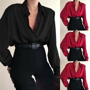 Femmes Blouses chemises mode automne chemise décontracté revers à manches longues solide noir rouge dames pour femme haut vêtements 230404