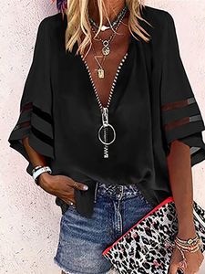 Damesblouses Overhemden Mode damesblouses Dames V-hals zipup shirt met half uitlopende mouwen mesh stiksels losse casual kleding 230609