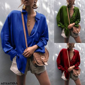 Femmes Blouses Chemises Harajuku Printemps Automne Femmes Blouse À Manches Longues Casual Loisirs Satin Chemise Bureau Dames Bleu Rouge Vert Tops 230509