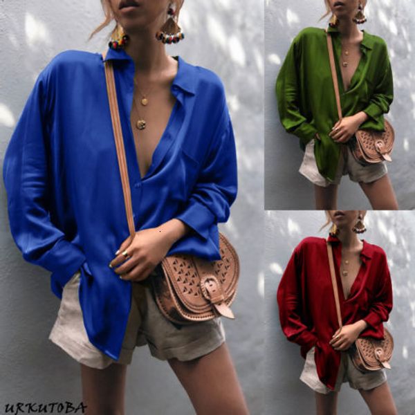 Femmes Blouses Chemises Harajuku Printemps Automne Femmes Blouse À Manches Longues Casual Loisirs Satin Chemise Bureau Dames Bleu Rouge Vert Tops 230609