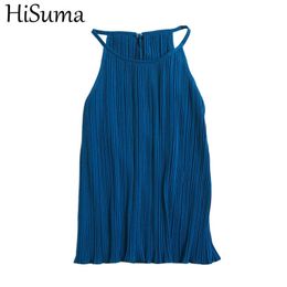Dames blouses shirts hisuma dames zomer op een mouwloos halter geplooid basic shirt elegante dame gestreepte elastische slanke chiffon pullover blouse tops 230516