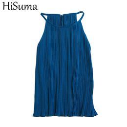 Blusas para mujer Camisas HISUMA Mujer Verano ONeck Sin mangas Halter Plisado Camisa básica Elegante Dama Rayas Elástico Delgado Gasa Suéter Blusa Tops 230516