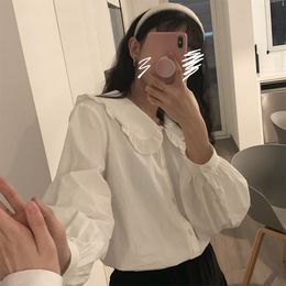 Dames Blouses Shirts HOUZHOU Wit Shirt Dames Vintage Elegante Blouse Dames Lange mouw Sweet Preppy Style Kawaii Chic Basic Lolita Esthetisch 230327