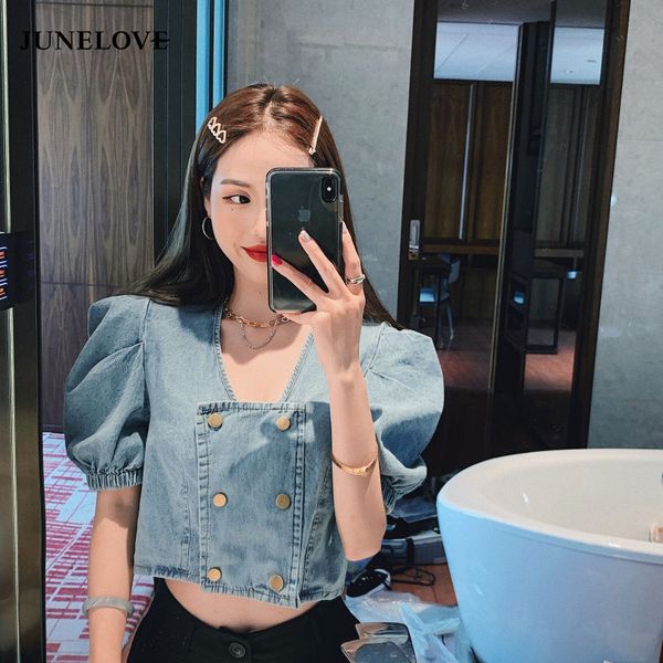 Femmes Blouses Chemises HStar Coréen Femmes À Manches Courtes Vintage Carré Double Boutonnage Denim Blouse Dames Crop Top Shirt Sexy Slim Blusas Tee 230729