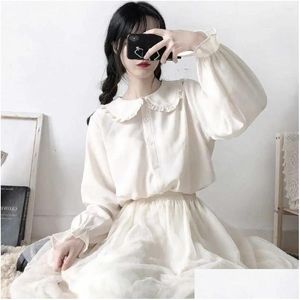 Chemisiers pour femmes chemises japonaises mignonnes Harajuku chemise blanche à volants hauts chemisier à manches longues doux Lolita basique boutonné coton goutte Deliv Otrae