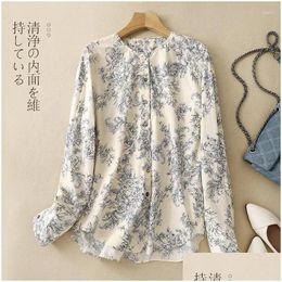 Chemises pour femmes chemises Limiguyue Summer Blue et blanc Print Print Femme Femmes Chinois Offres O-cou à manches longues