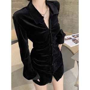 Damesblouses Shirts MEXZT Vintage Dames Zwart Fluwelen Geplooid Koreaans Elegant Plooien Kraagvorm Lange mouwen Slim Chic Casual Tops 231206