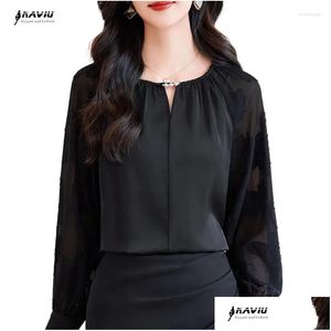 Blouses Femmes Chemises Naviu Élégant O Cou Chemise De Couleur Unie Femmes Noir Blanc Lâche Casual Tops 2024 Printemps Trajet Bureau Dames Clo Otrin