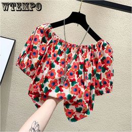 Womens blouses shirts offshoulder chiffon shirt bloemen losse zomer tshirt shortsleeved bedrukte top franse sexy strandkleding voor vrouwen 230620