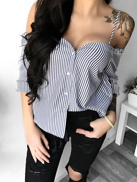 Femmes Blouses Chemises Sexy Stripe Blouse Femmes Automne À Manches Longues Tops Mode Hors Épaule Bouton Sans Bretelles Slash Cou Vêtements 230519