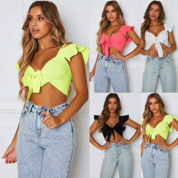 Femmes Blouses Chemises Sexy Femmes Chemisier Solide Fly Manches Bow Tie Up Crop Tops Été Avant Noeud Maigre Dames Slim Clubwear 230609