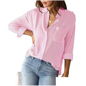 Dames blouses shirts shirt ontwerper cottona button-up gestreepte klassieke klassiek met lange mouwen kraag op kantoor met pocket losse casual lange ot2ah