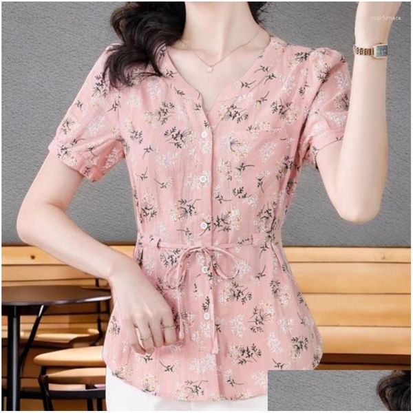 Camisas de blusas para mujeres Tops de bordado de lino de algodón corto 2024 Summer Women Lindas chicas lindas Vintage Vintage Floral Peplum Peplum Pink Top Otzzh