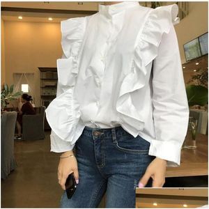 Blouses Femmes Chemises Solide Col Montant Vintage Automne Femmes Élégant Volant Bord Pachwork Tops Simple Boutonnage Conçu Automne Drop D Dhgvr