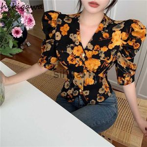 Dames blouses shirts zomer blouse dames 2023 blusas mujer de moda sexy v-neck puff mouw tuniek Koreaanse vintage mode bloemen crop tops 7J335 j230621