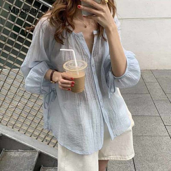 Femmes Blouses Chemises Été Oneck Lanterne À Manches Longues En Mousseline De Soie Blouse Super Mince Protection Solaire Chemise Coréenne Lâche Chemise Blusas 10349 230609