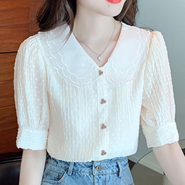 Blusas para mujer Camisas Verano de manga corta Retro French Doll Neck Jacquard Bubble Chiffon Shirt Tops Blusas De Mujer Blusa Mujer C586 230620