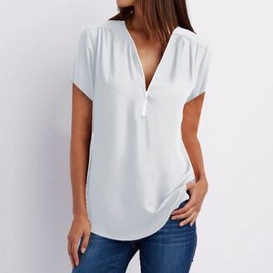 Femmes Blouses Chemises D'été Blanc Noir Blouse Femme Mode Fermeture Éclair Col En V Casual Solide Couleur Femme Lady Tops Tunique Drop 230726