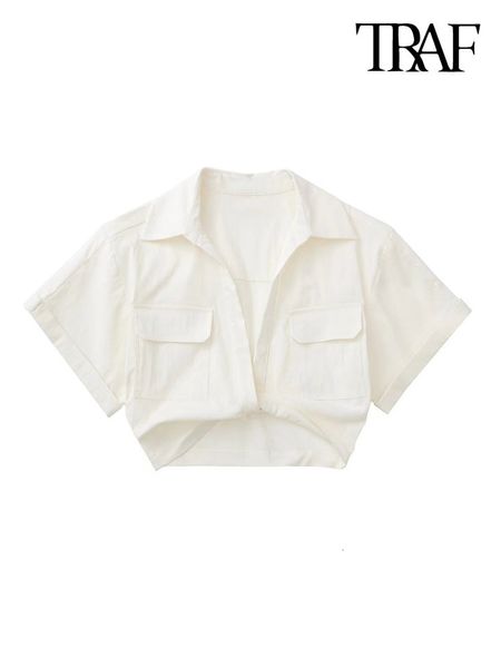 Femmes Blouses Chemises TRAF Femmes Mode Noeud Avant Élastique Lin Chemises Courtes Vintage À Manches Courtes Poches Plaquées Femme Blouses Blusa Chic Tops 230720