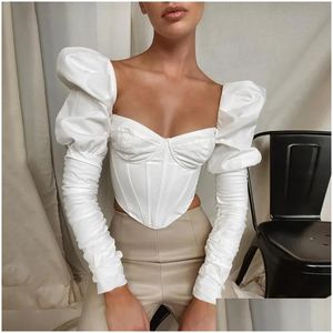 Dames blouses shirts vintage vierkante sleutel korset vrouwen top en elegante puff met lange mouwen crop tops sexy low cut -backloze blusas dr dhcbp