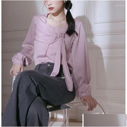 Damesblouses Shirts Dames Herfst Koreaans Plevier Chiffon Overhemd Modeontwerp Elegant Solid Slim Veelzijdig Lantaarnmouwen Otrfh