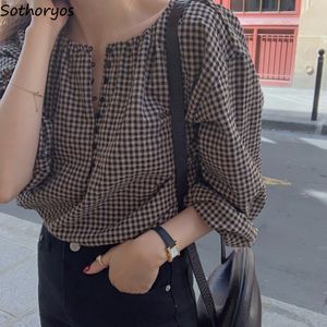 Blusas para mujer Camisas Mujer Botón Fly Plaid Impreso Oneck Vintage Casual Loose Tops Chic Trendy Gentle Designer Retro Clothing 230726