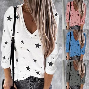 Damesblouses Shirts Dames Digital Stars Print Tshirt Mode Casual V-hals Topblouse met lange mouwen 230726